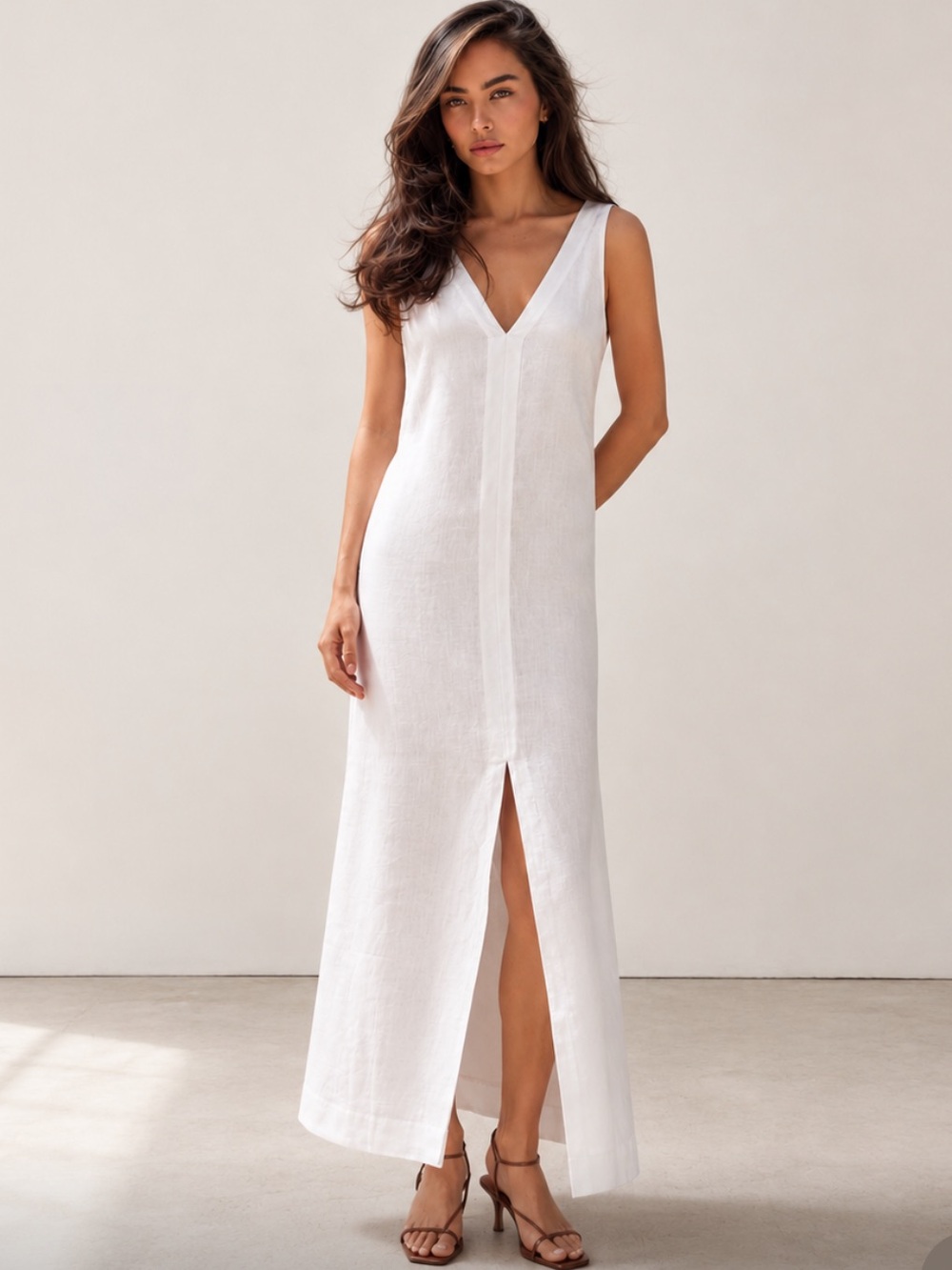 REFORMATION White 100% Linen Sleeveless V-Neck Midi Shift Dress Size M